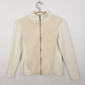 J.McLaughlin Quilted Silk Front Zip Cardigan Womens Large Ivory Ribbed Sweater